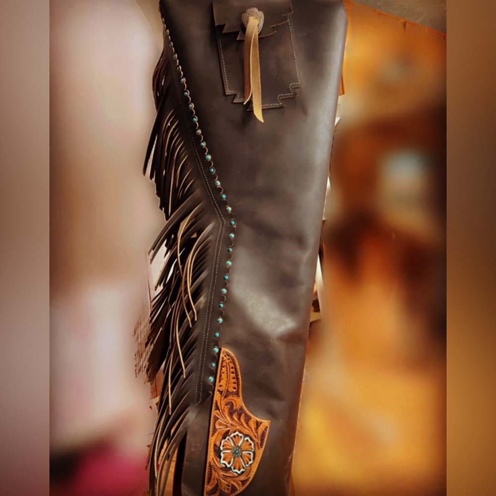 Dark brown chaps with turquoise